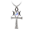 Pendant necklace of pewter ankh with Egyptian symbols and dangling Austrian crystal