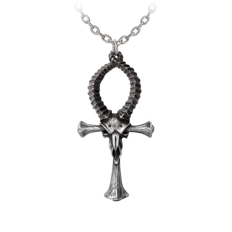 Pendant necklace with a ram skull ankh cross in pewter
