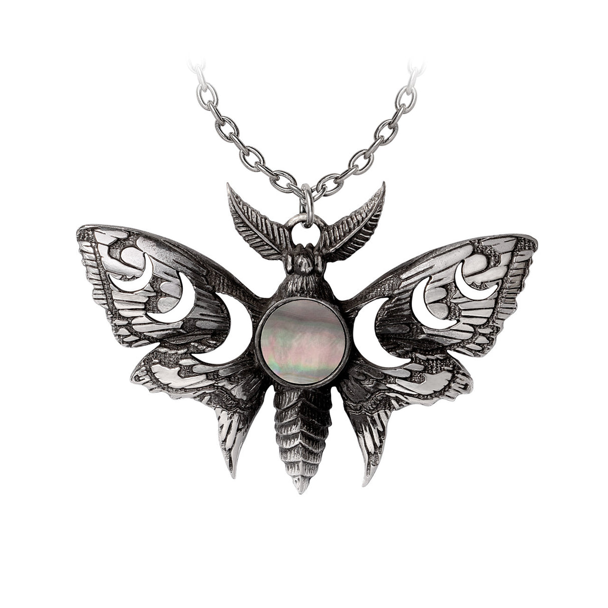 Necklace pendant shaped like luna moth with crescent moon cutouts and full moon in mother of pearl