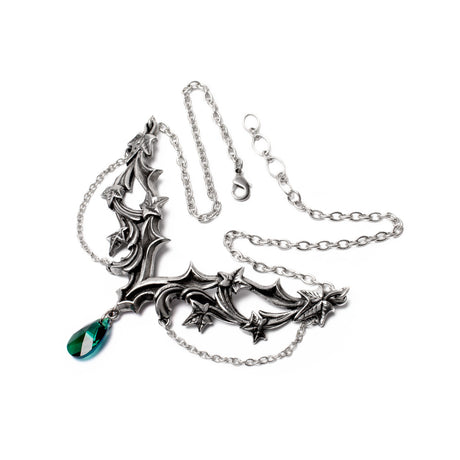 Pendant necklace with art nouveau ivy design and emerald green Austrian crystal drop