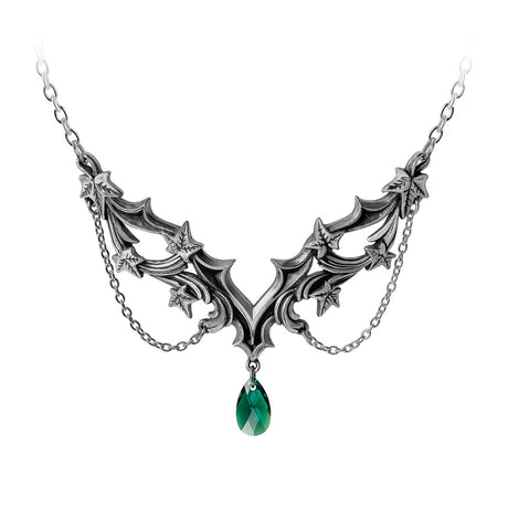 Pendant necklace with art nouveau ivy design and emerald green Austrian crystal drop