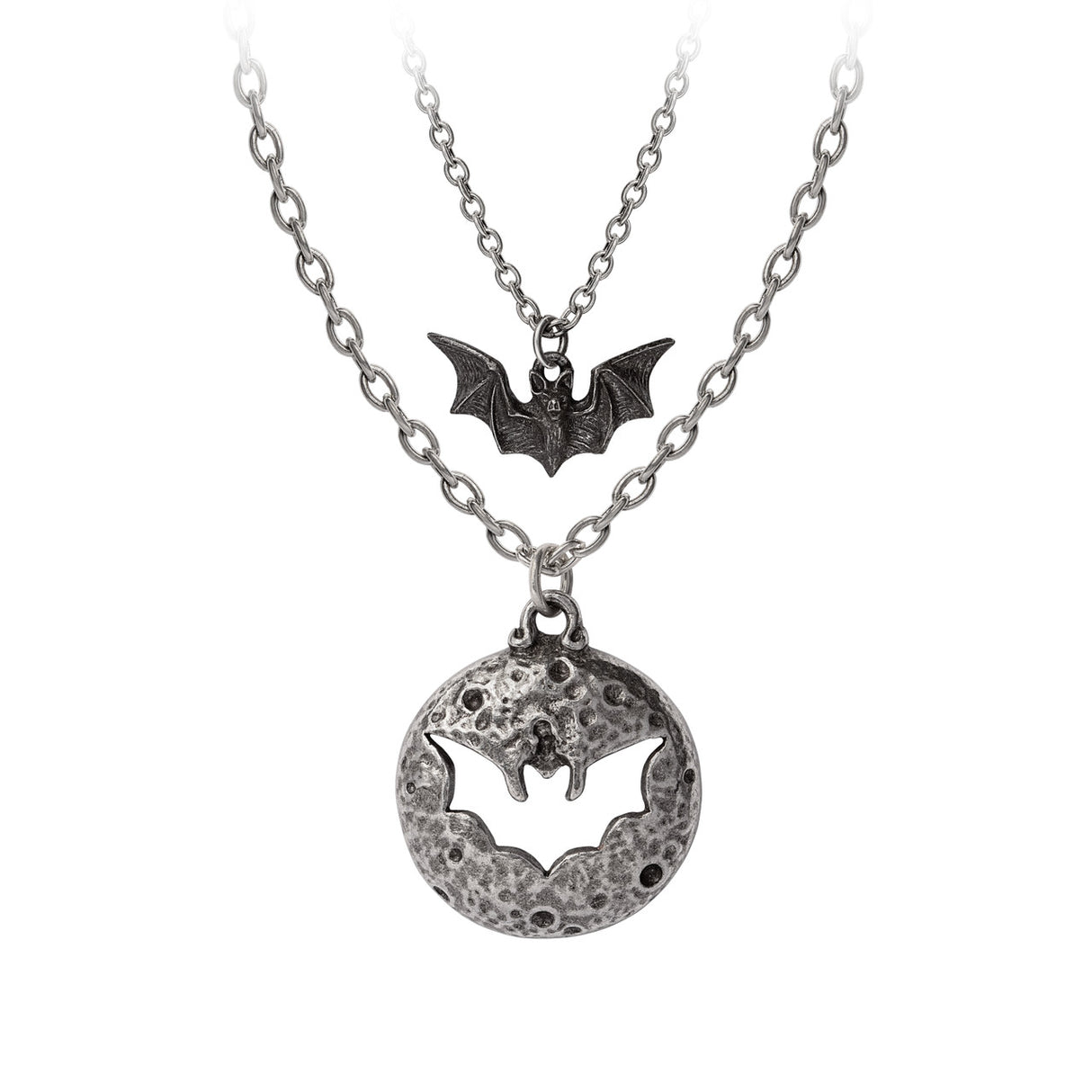 Two necklaces in pewter that fit together, one is a full moon with a cutout and the other a darker bat