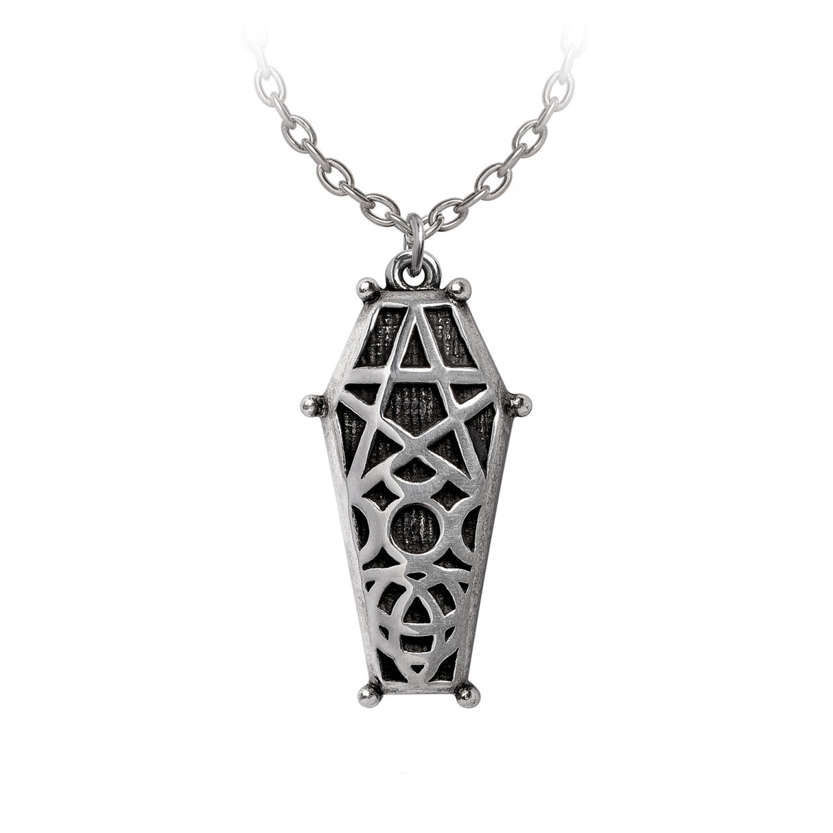 Pendant necklace of coffin with hex and wiccan symbols in pewter