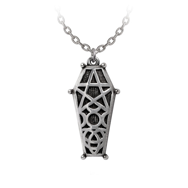 Pendant necklace of coffin with hex and wiccan symbols in pewter