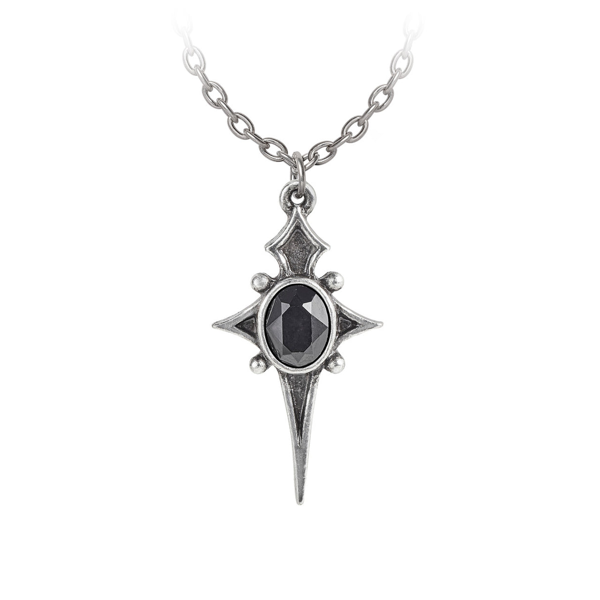 Pendant necklace with pewter cross framing black Austrian crystal gem
