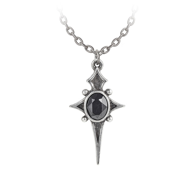 Pendant necklace with pewter cross framing black Austrian crystal gem
