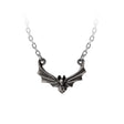 Necklace with stylized pewter flying bat pendant
