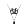 Skull necklace with a black teardrop pendant on a white background