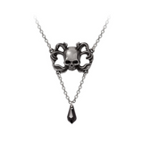 Skull necklace with a black teardrop pendant on a white background