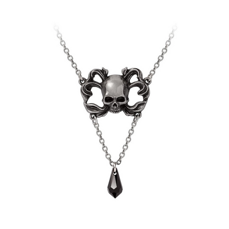 Skull necklace with a black teardrop pendant on a white background