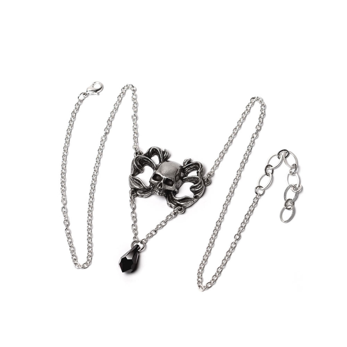 Pewter necklace with a skull and dangling black crystal