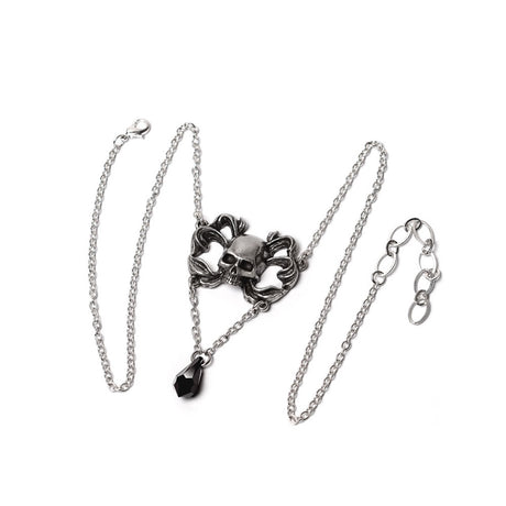 Pewter necklace with a skull and dangling black crystal