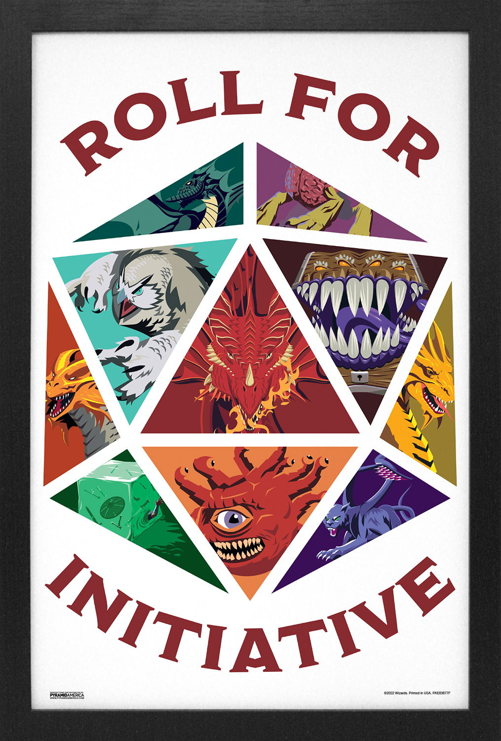 Framed print, white background with dice featuring D&D monsters in each of the faces and text "Roll For Initiative" in red