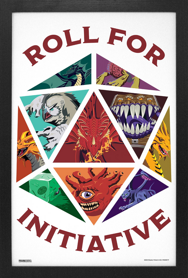 Framed print, white background with dice featuring D&D monsters in each of the faces and text "Roll For Initiative" in red