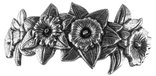 Pewter barrette with four daffodil flowers lined up