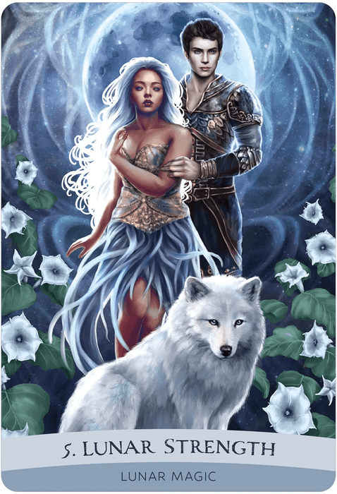 Card example: 5. Lunar Strength - Lunar Magic showing a man and woman and wolf standing in moonflowers