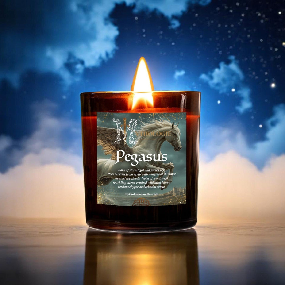 Candle with a 'Pegasus' label against a starry night sky