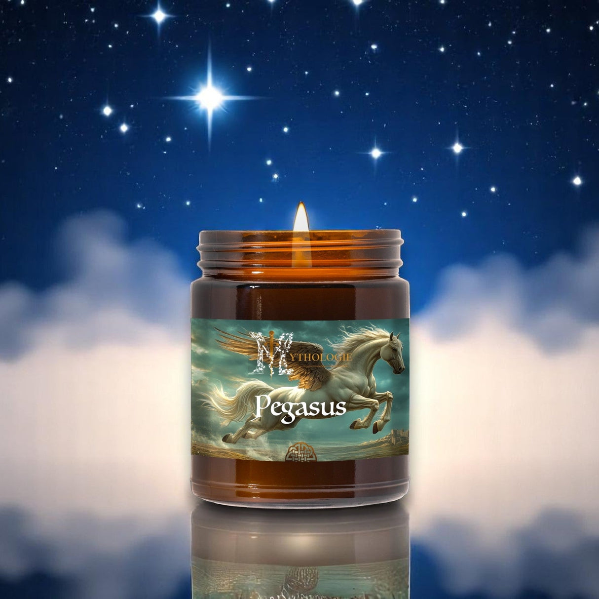 Candle in a jar with Pegasus design against a starry night sky