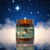 Candle in a jar with Pegasus design against a starry night sky