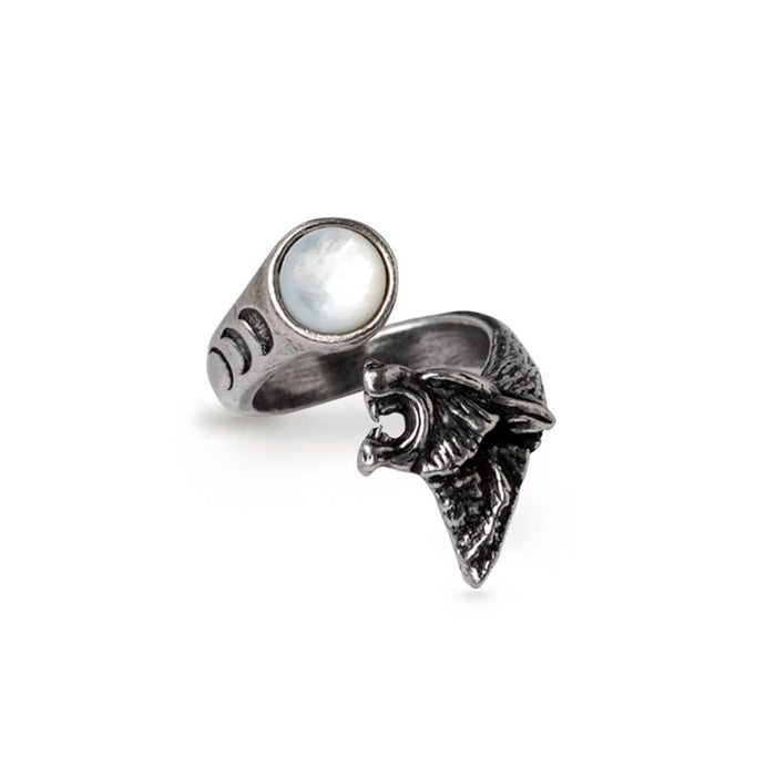 Wraparound pewter ring with wolf on one side and mother of pearl moon on the other. Moon phases etched along the side in the pewter