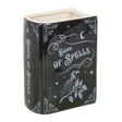 Black vase container with 'Book of Spells' design featuring a raven on a white background