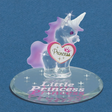 Glass unicorn figurine on mirror base that says "Little Princess". Pink frosted mane and tail, white frosted horn, heart that says Princess, crystal eye