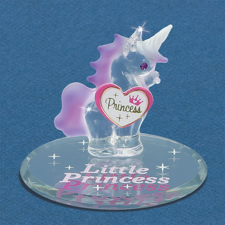 Glass unicorn figurine on mirror base that says "Little Princess". Pink frosted mane and tail, white frosted horn, heart that says Princess, crystal eye