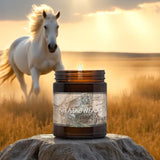 Candle labeled 'Shadowfax' with a white horse running in the background