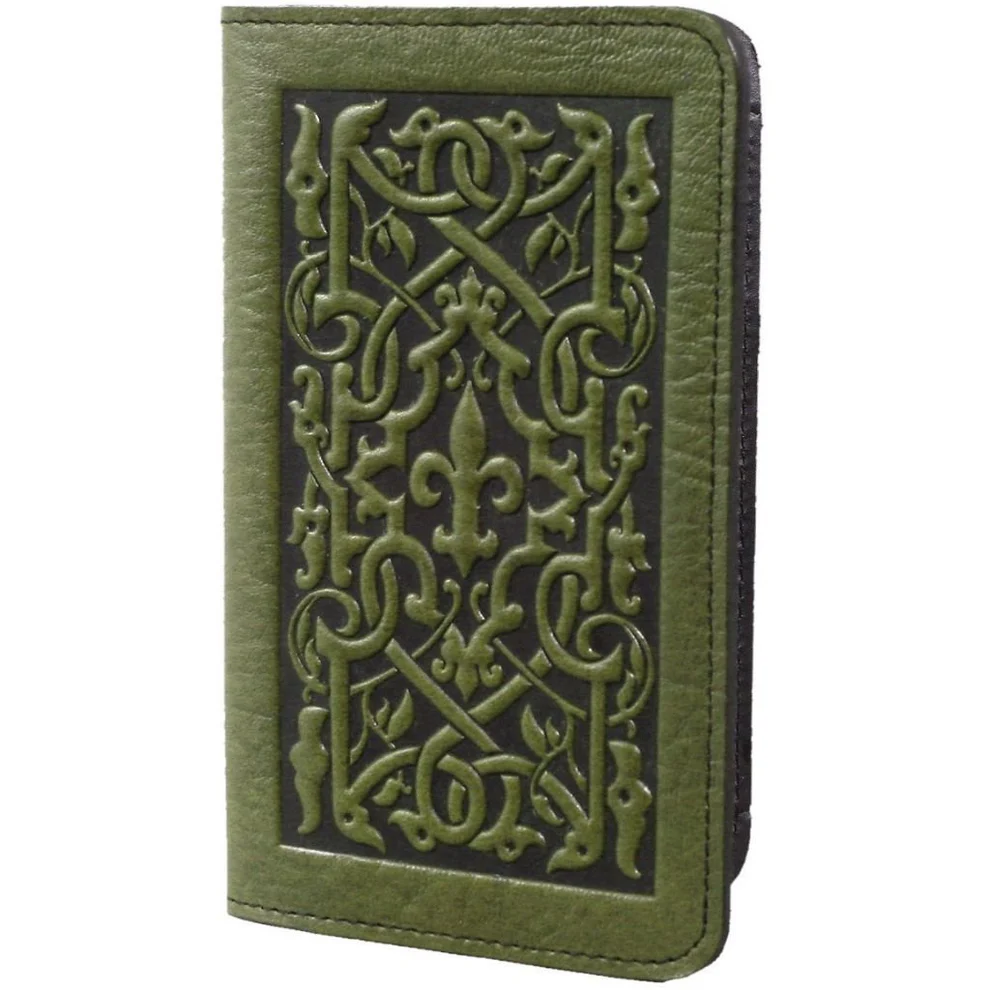 Leather checkbook cover with Celtic knot and fleur de lis design - Fern green
