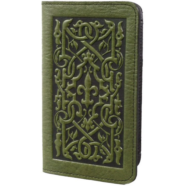 Leather checkbook cover with Celtic knot and fleur de lis design - Fern green
