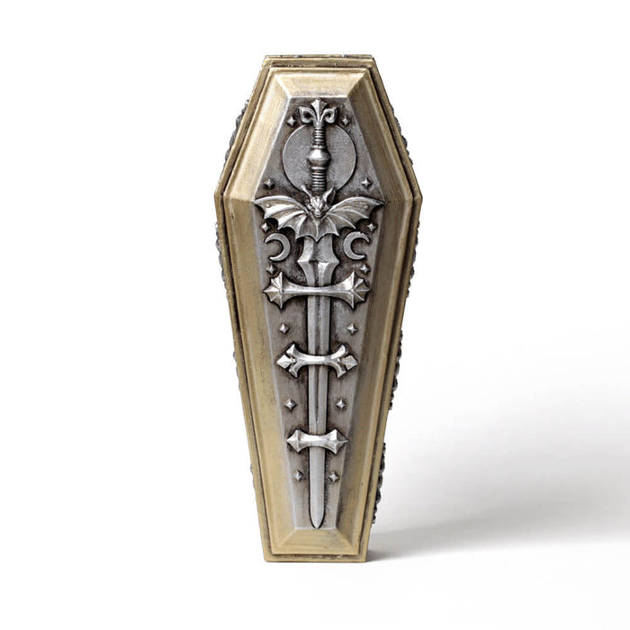 Casket box lid with bat sword symbol in silver on gold resin