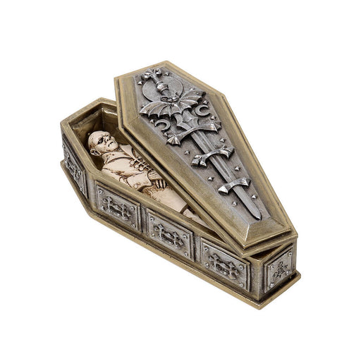 Figurine of vampire in casket with silver and gold resin designs