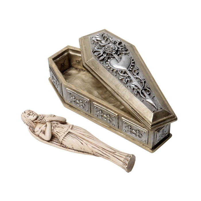 Vampire bride figurine in silver & gold resin casket box, shown separately with bride figure out of box