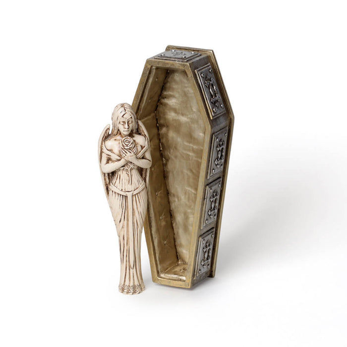 Vampire bride figurine in silver & gold resin casket box, shown standing without lid
