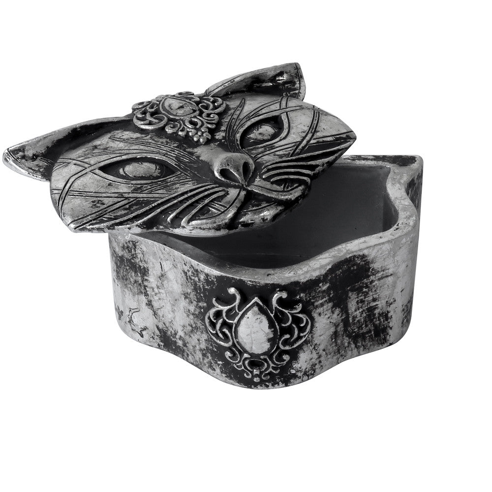 Trinket box, cat head shaped with ornate feline