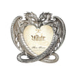 Photo frame shaped like heart formed by two metallic silver dragons
