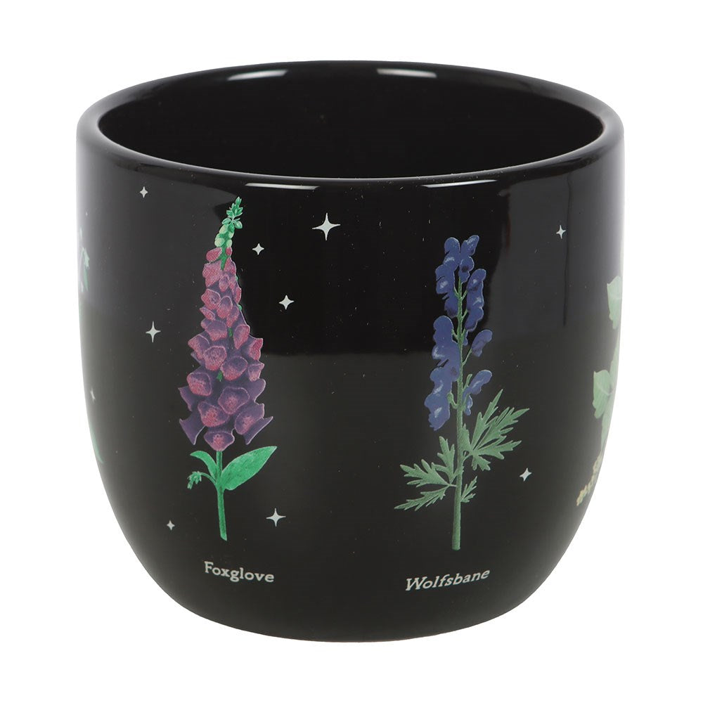 Black planter pot with illustrations of poisonous plants including foxglove and wolfsbane flowers