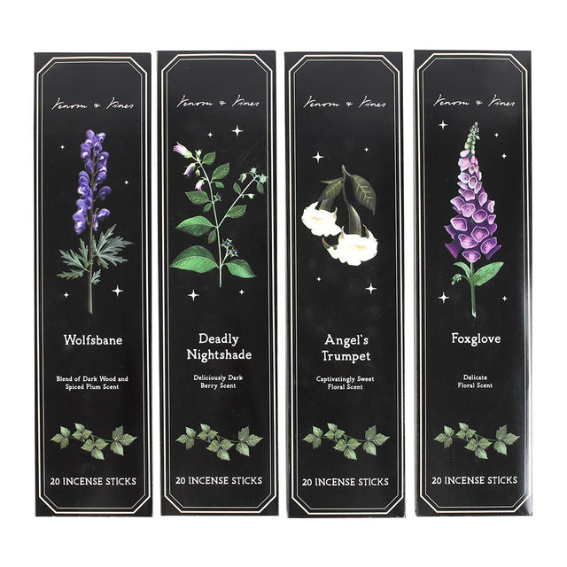 Four black boxes of incense sticks with botanical illustrations and names on a white background
