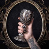 Silver-toned goblet with stylized cat face and ornate filigree, stainless steel insert