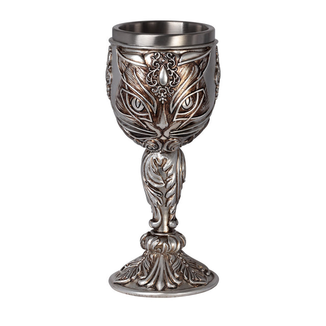 Silver-toned goblet with stylized cat face and ornate filigree, stainless steel insert