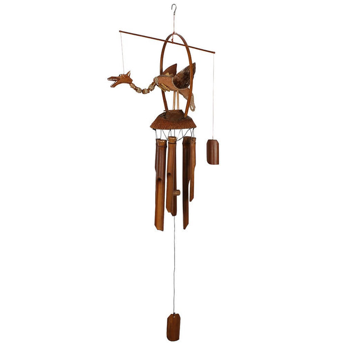Bamboo dragon wind chime in a brown wood