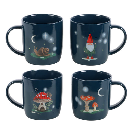 Set of 4 ceramic mugs in dark blue with snail and moon, gnome and stars, mushroom house, and mushrooms with moon.