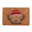 Doormat with mushroom design and 'Welcome' text on a white background