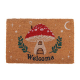 Doormat with mushroom design and 'Welcome' text on a white background
