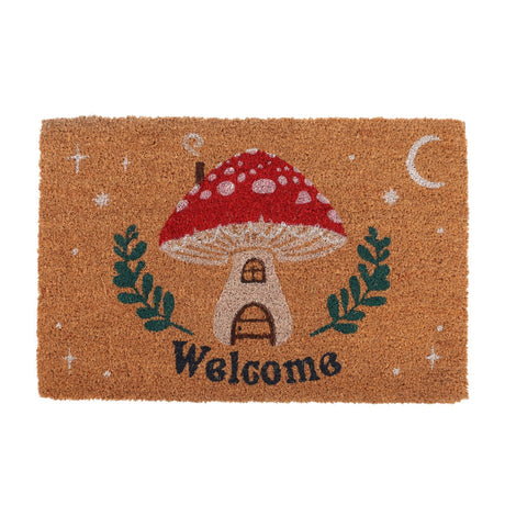 Doormat with mushroom design and 'Welcome' text on a white background