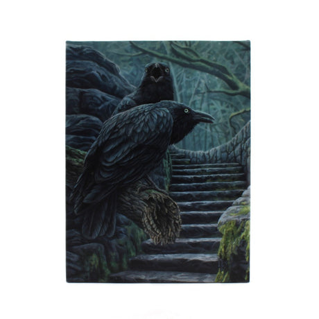 Canvas print by Lisa Parker, two ravens guarding a stone staircase in the woods