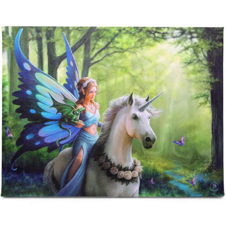 Canvas art print by Anne Stokes, fairy riding unicorn with small dragon through a butterfly forest by a stream. Blue butterfly wings on the fairy