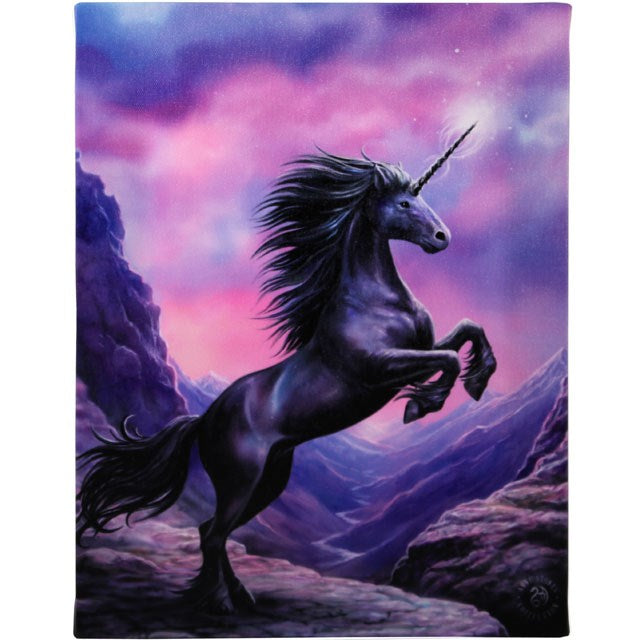 Black unicorn rearing against pink and purple sky on canvas art print by Lisa Parker