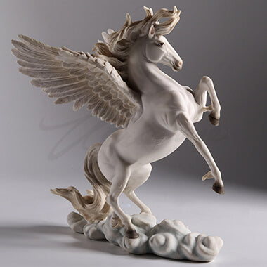 Rearing white winged horse, Pegasus, on a cloud