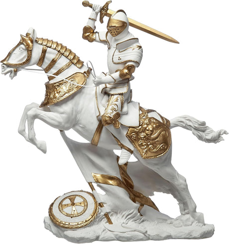 Statue of a knight on horseback with armor and sword, white and gold color scheme.